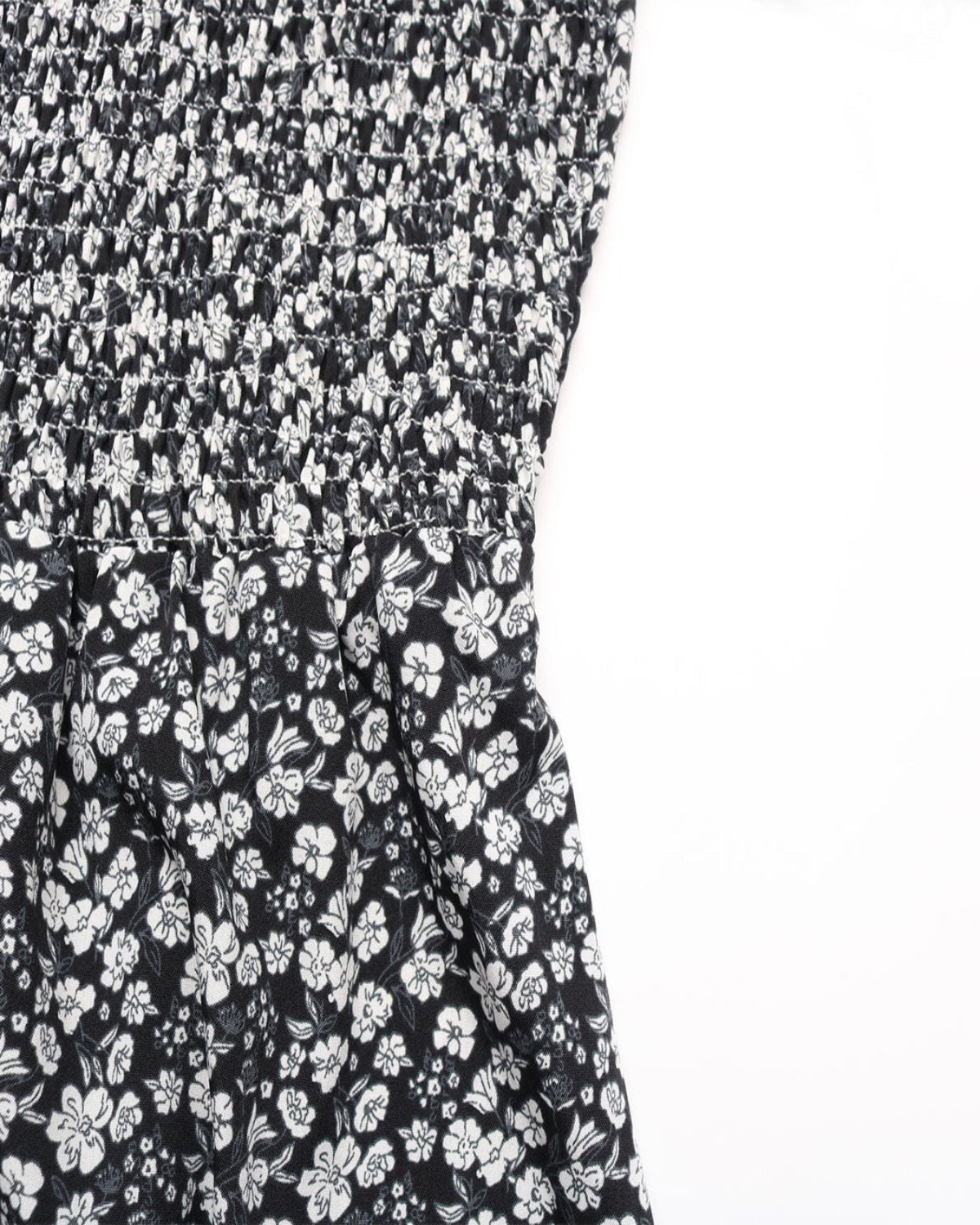 Black dress with white floral pattern on a white background