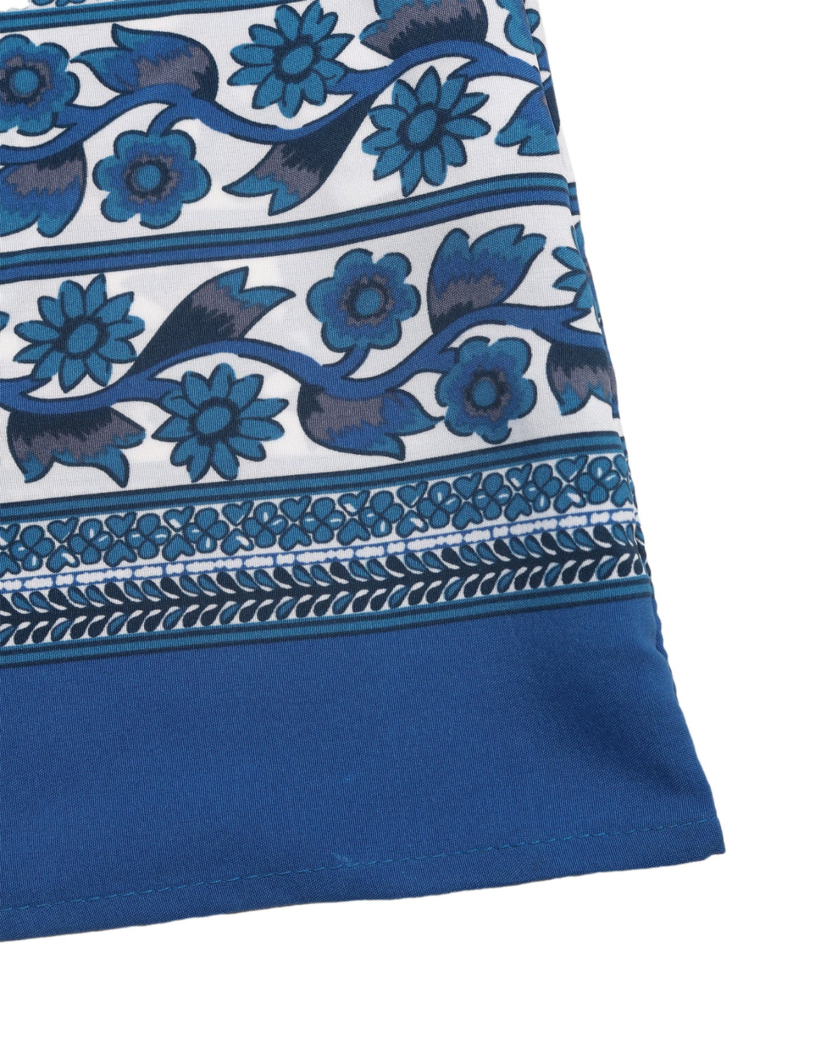 Blue and white floral patterned fabric corner