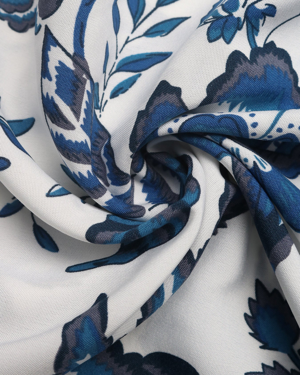 Close-up of blue and black floral patterned fabric on white background