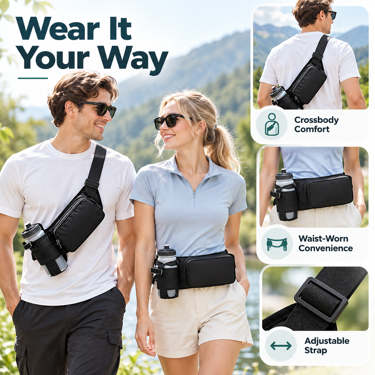 Running Bum Bag with Water Bottle Holder – Water-Resistant Waist Bag for Running, Walking & Hiking