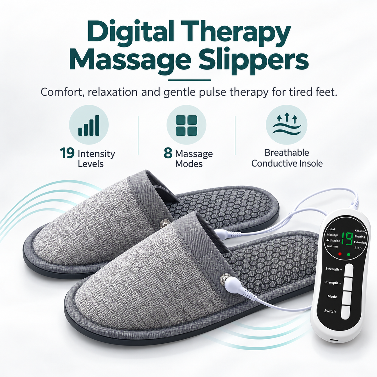 EMS Foot Massager Slippers – Electric Massage Slippers with 8 Modes & 19 Intensity Levels