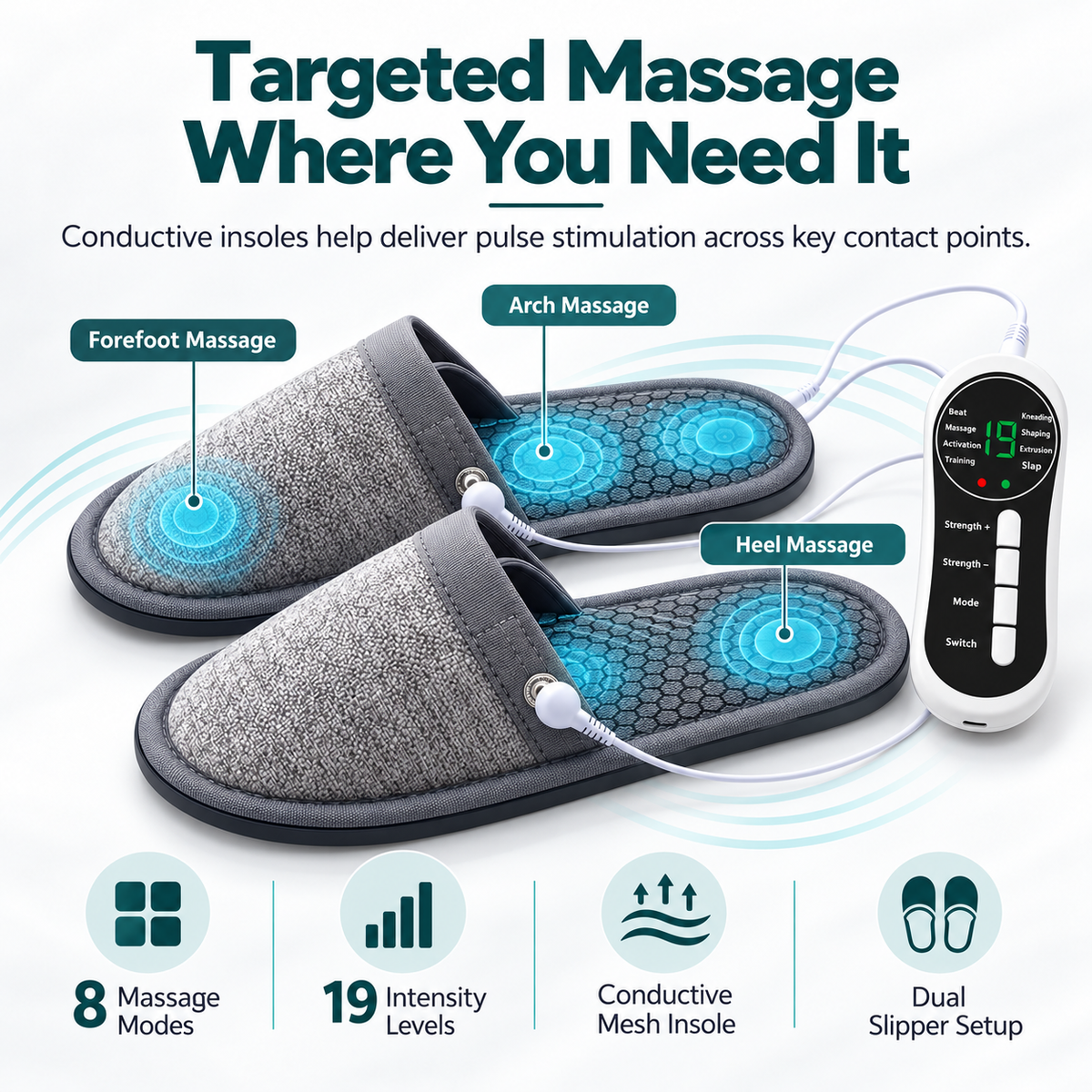 EMS Foot Massager Slippers – Electric Massage Slippers with 8 Modes & 19 Intensity Levels