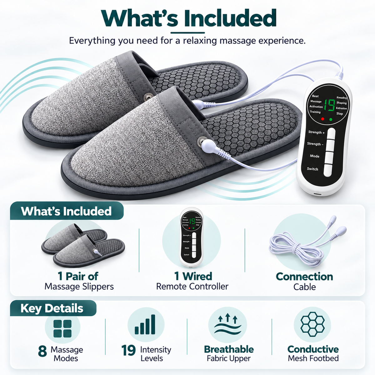 EMS Foot Massager Slippers – Electric Massage Slippers with 8 Modes & 19 Intensity Levels