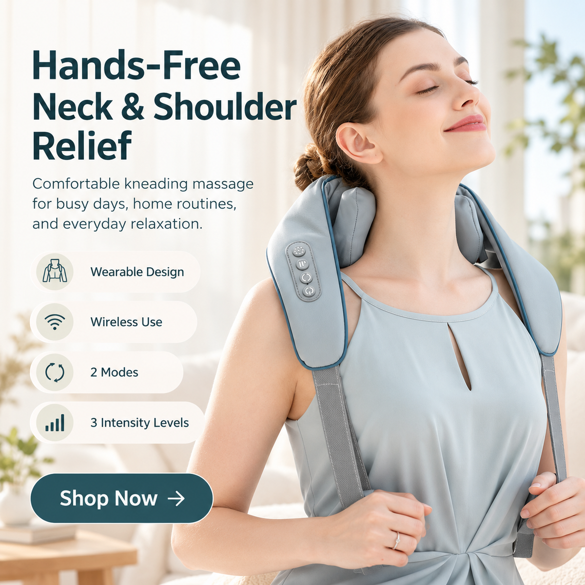 Cordless Neck & Shoulder Massager with Heat – Shiatsu Kneading Massager, Hands-Free Shoulder Straps