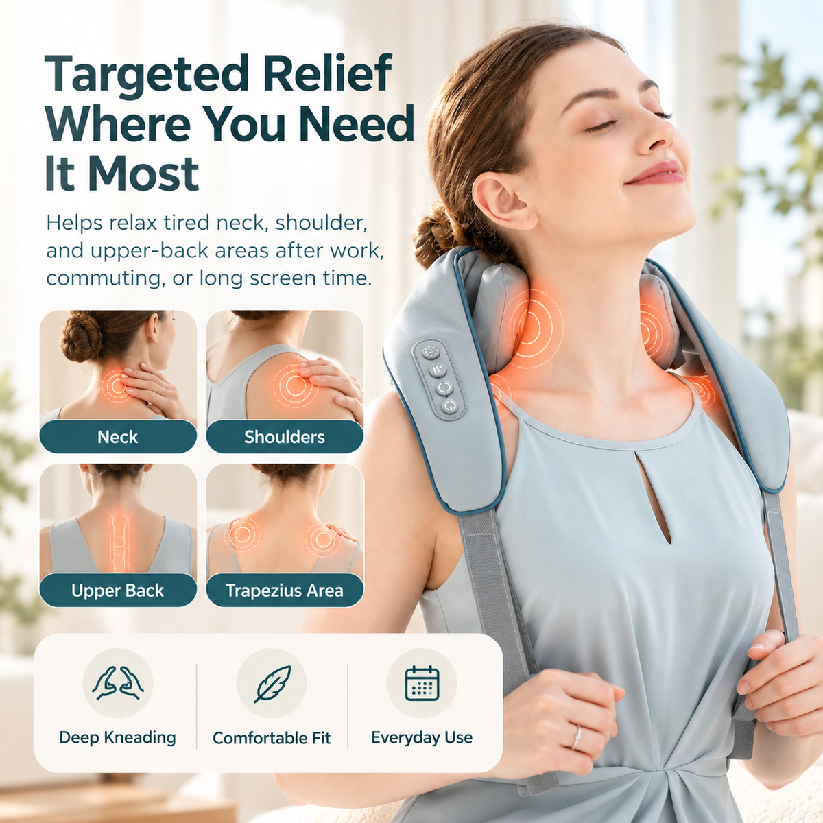 Cordless Neck & Shoulder Massager with Heat – Shiatsu Kneading Massager, Hands-Free Shoulder Straps