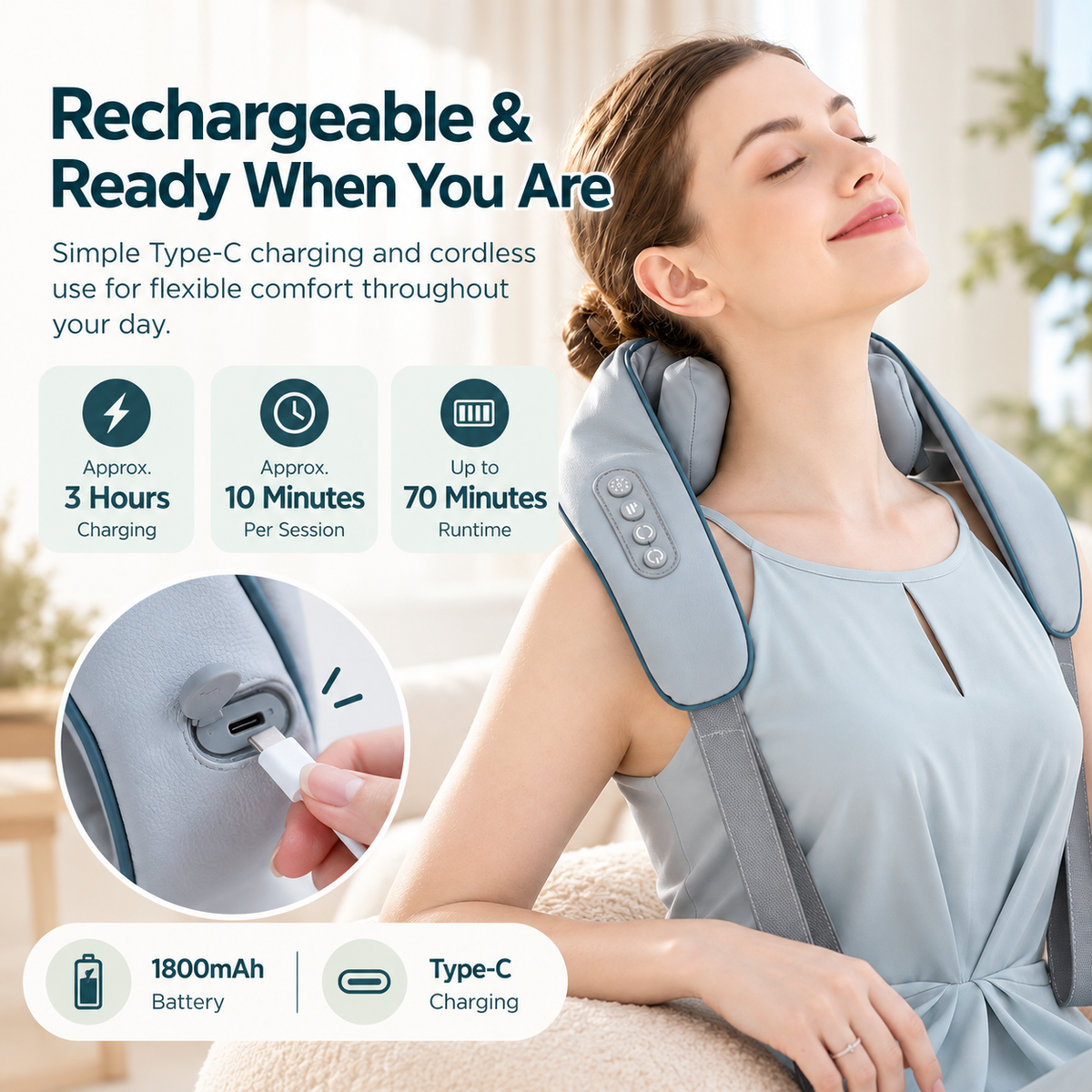 Cordless Neck & Shoulder Massager with Heat – Shiatsu Kneading Massager, Hands-Free Shoulder Straps