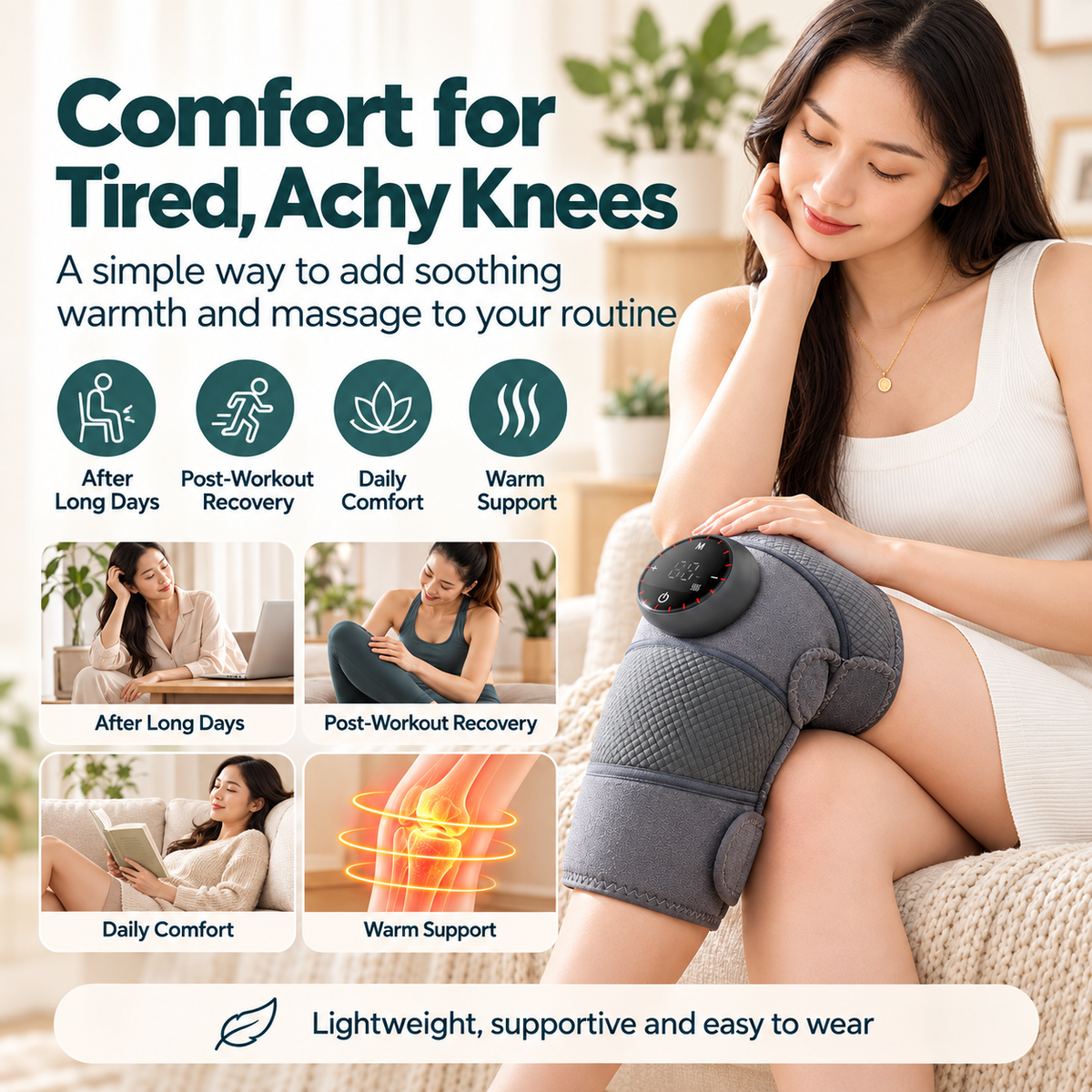 Heated Knee Massager – Cordless Vibrating Knee Wrap with 5 Heat Levels, for Knee, Shoulder & Elbow