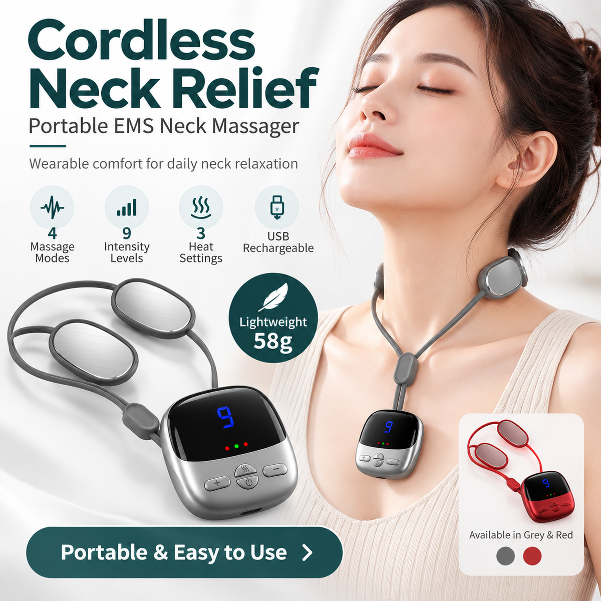 Portable Neck Massager with Heat – Wearable EMS Pendant Neck Relaxer