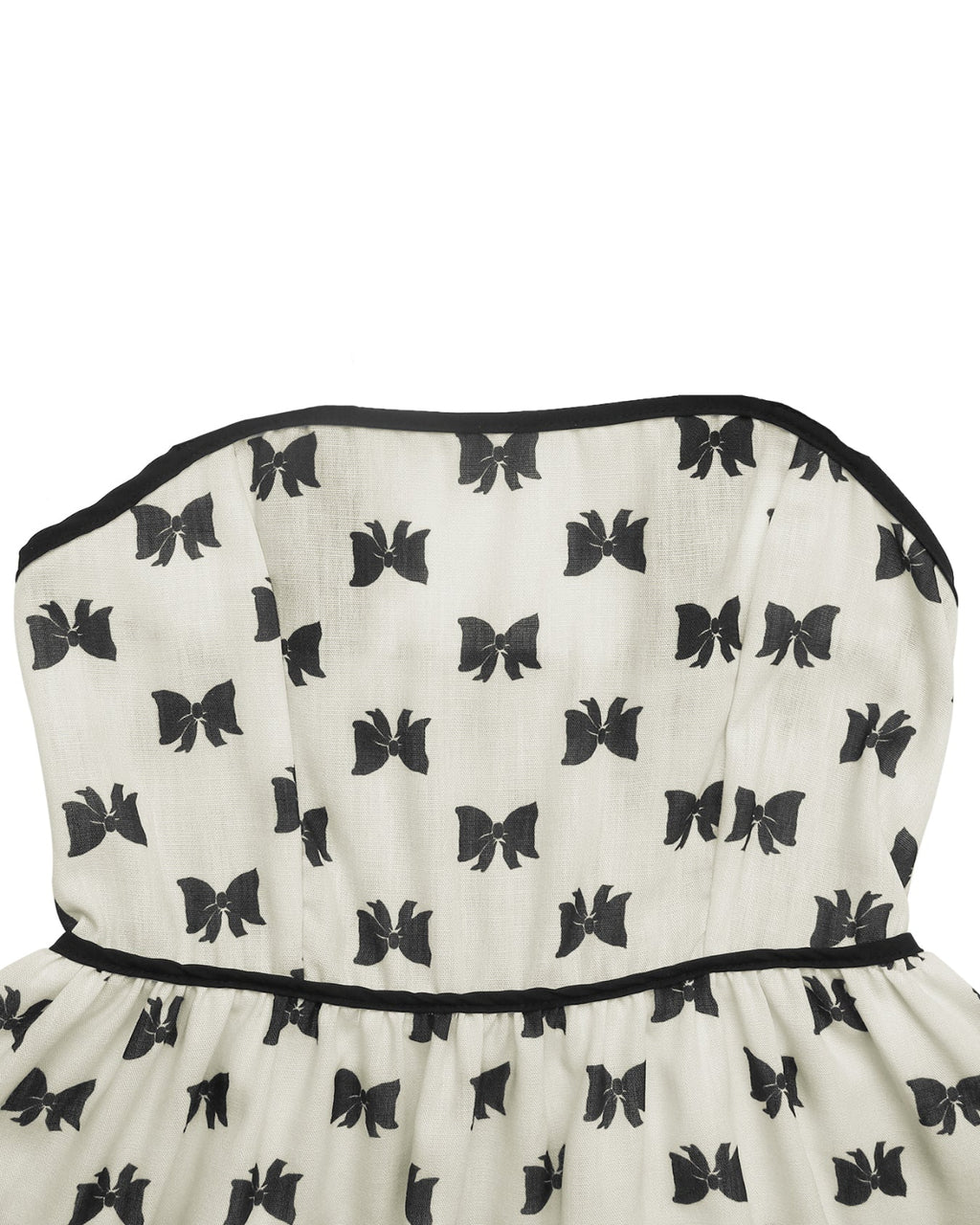 White strapless dress with black butterfly patterns on a white background