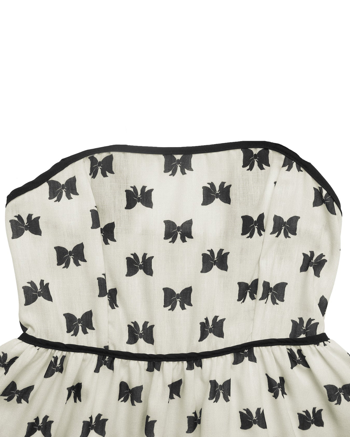 White strapless dress with black butterfly patterns on a white background