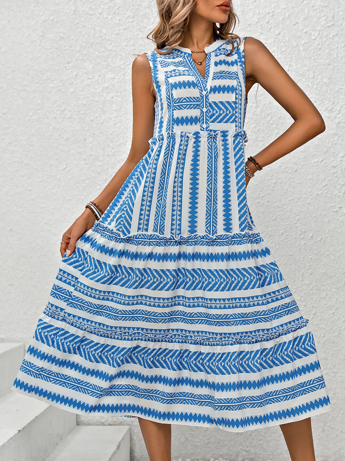 Blue Aztec Print Tiered Midi Summer Dress