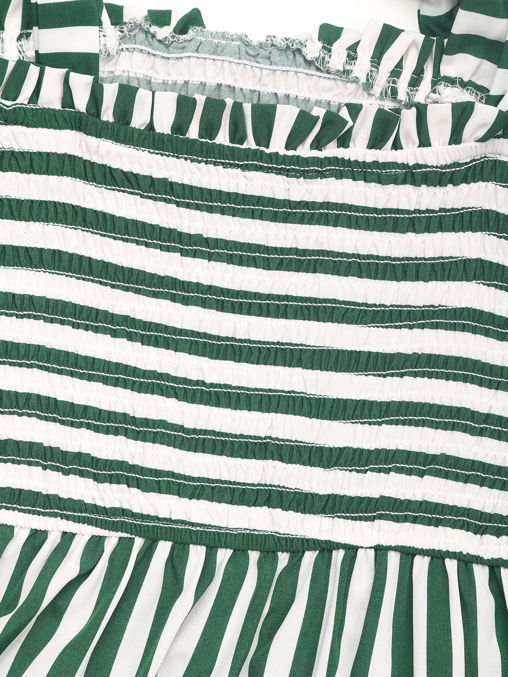 Close-up of green and white striped fabric with ruffled texture