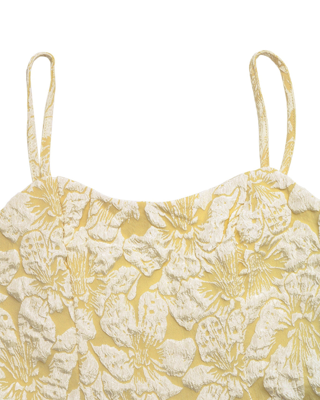 Yellow floral top with thin straps on a white background