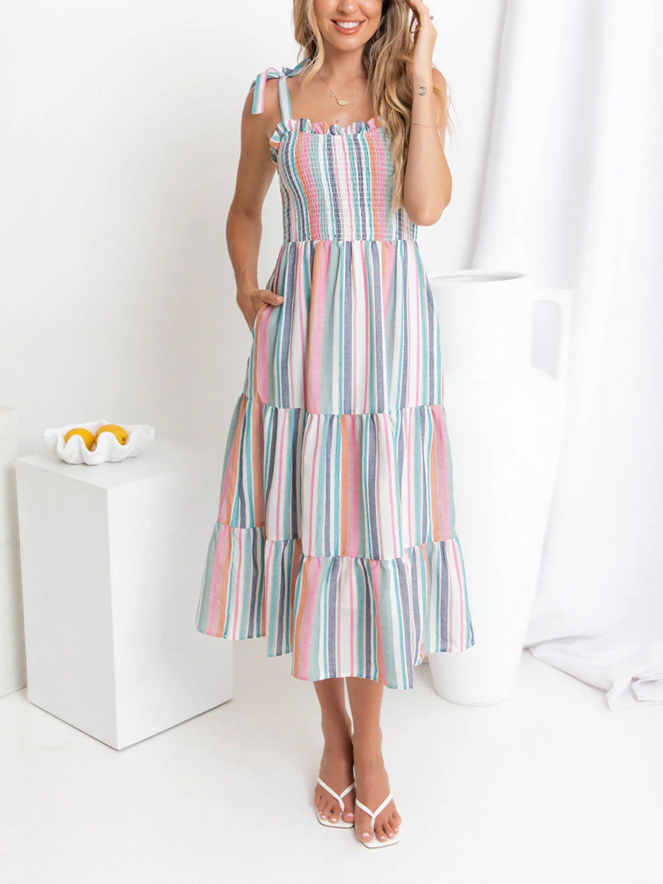 Multicolour Stripe Linen Blend Smocked Tiered Maxi Summer Dress