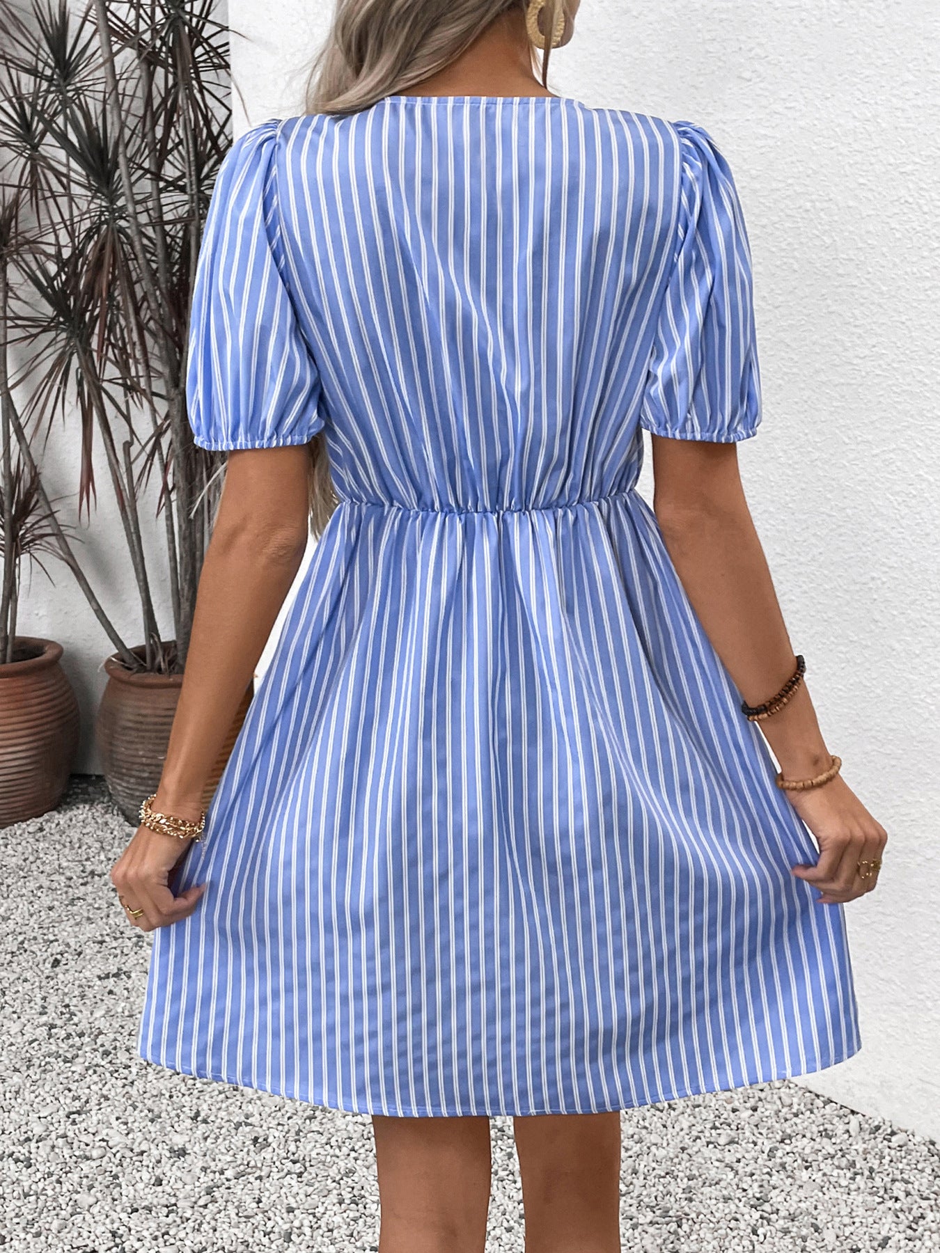 Blue Stripe Bow Tie Puff Sleeve Scoop Neck Mini Summer Dress