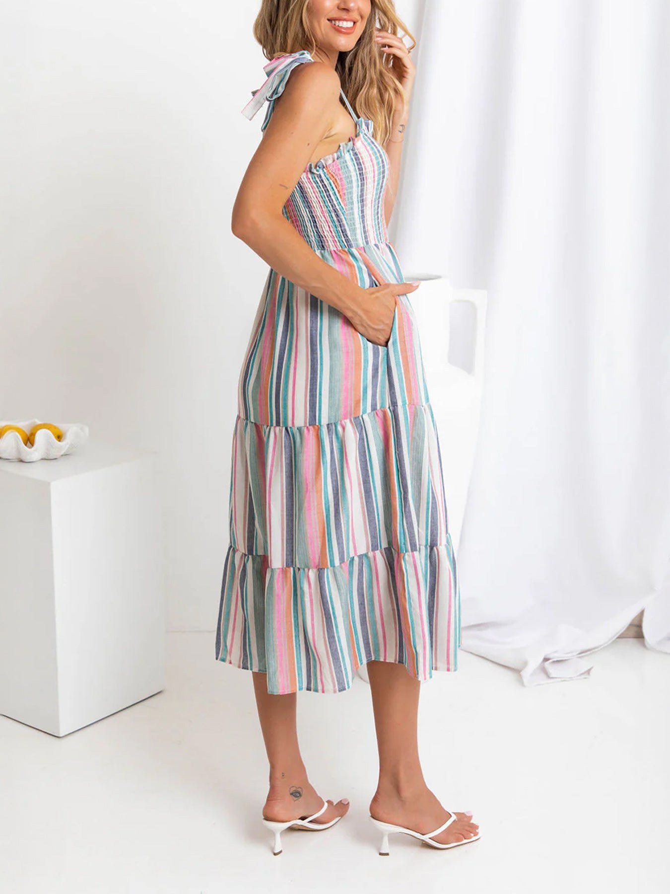 Multicolour Stripe Linen Blend Smocked Tiered Maxi Summer Dress