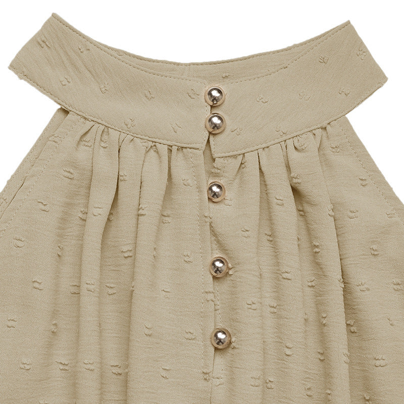 Cream Swiss Dot Halterneck Belted Ruffle Mini Summer Dress