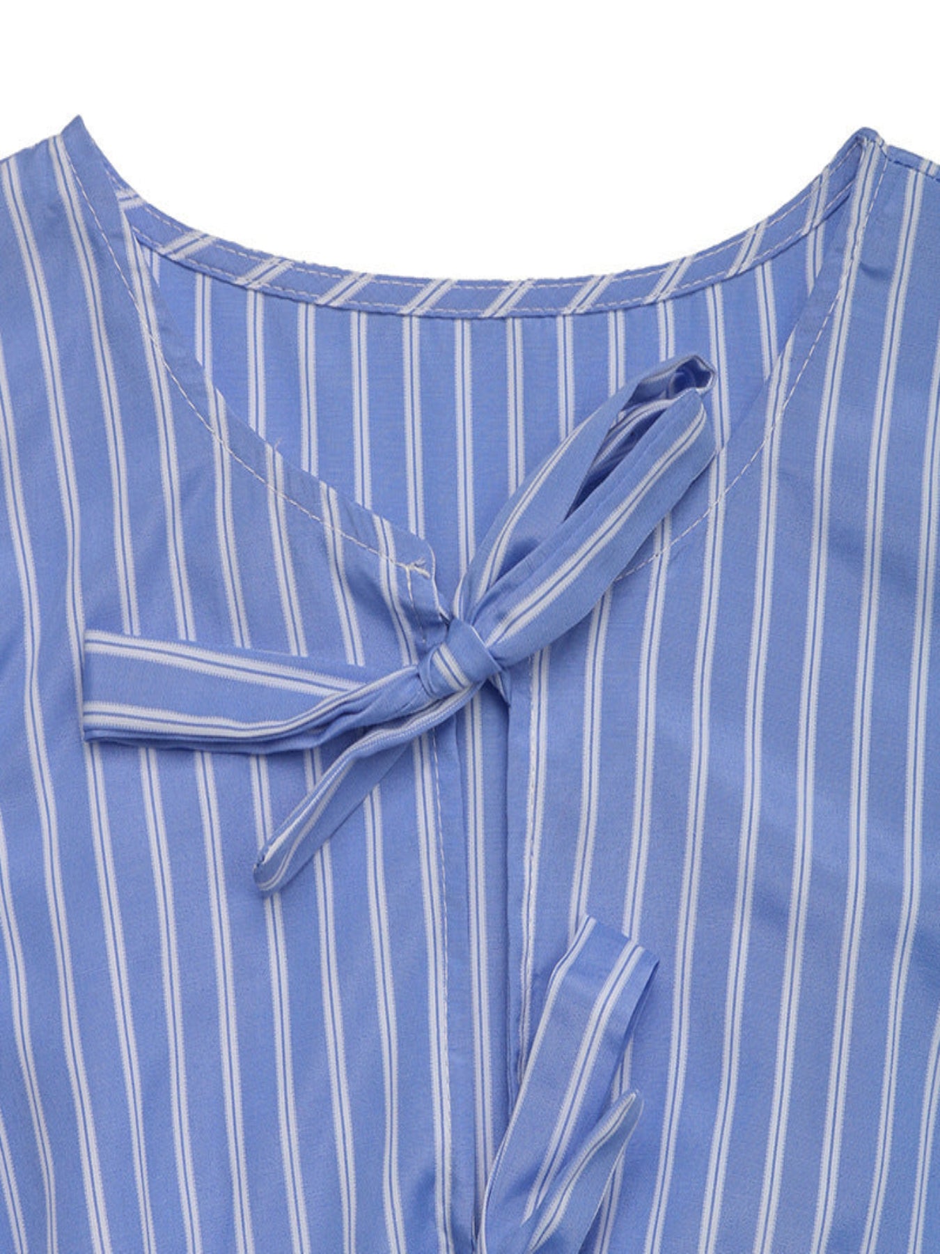 Blue Stripe Bow Tie Puff Sleeve Scoop Neck Mini Summer Dress