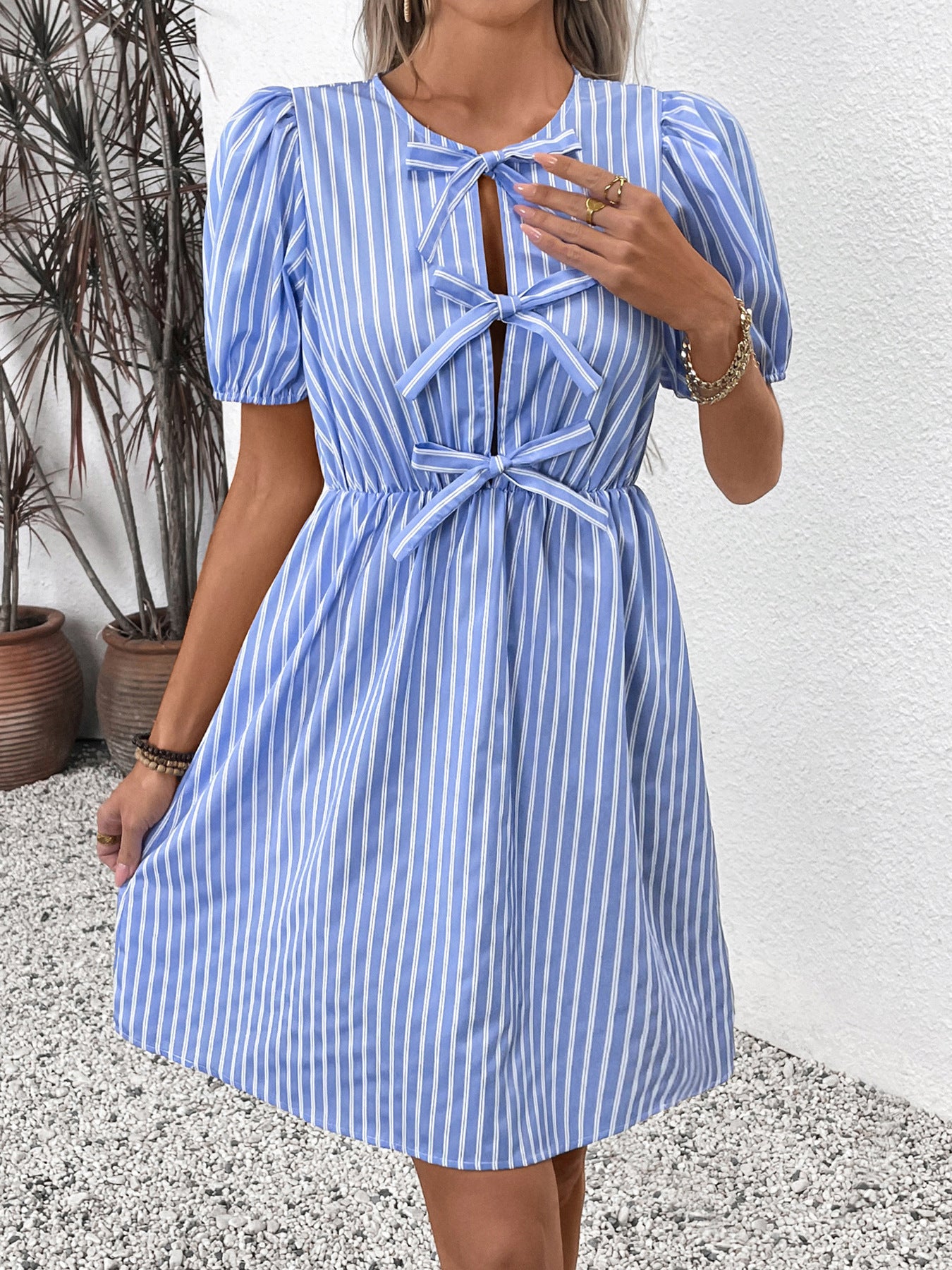 Blue Stripe Bow Tie Puff Sleeve Scoop Neck Mini Summer Dress