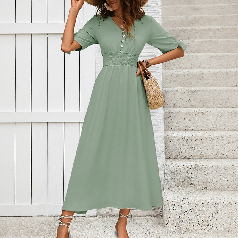 Sage Green Short Sleeve V-Neck Button Front Maxi Dress