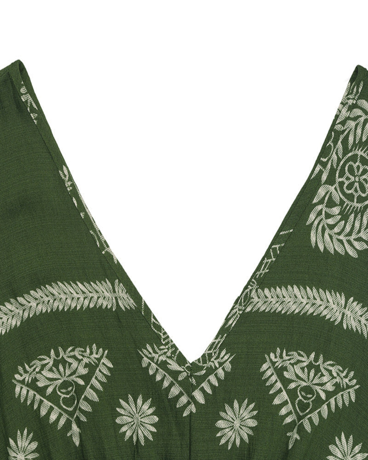 Green dress with white floral patterns on a white background