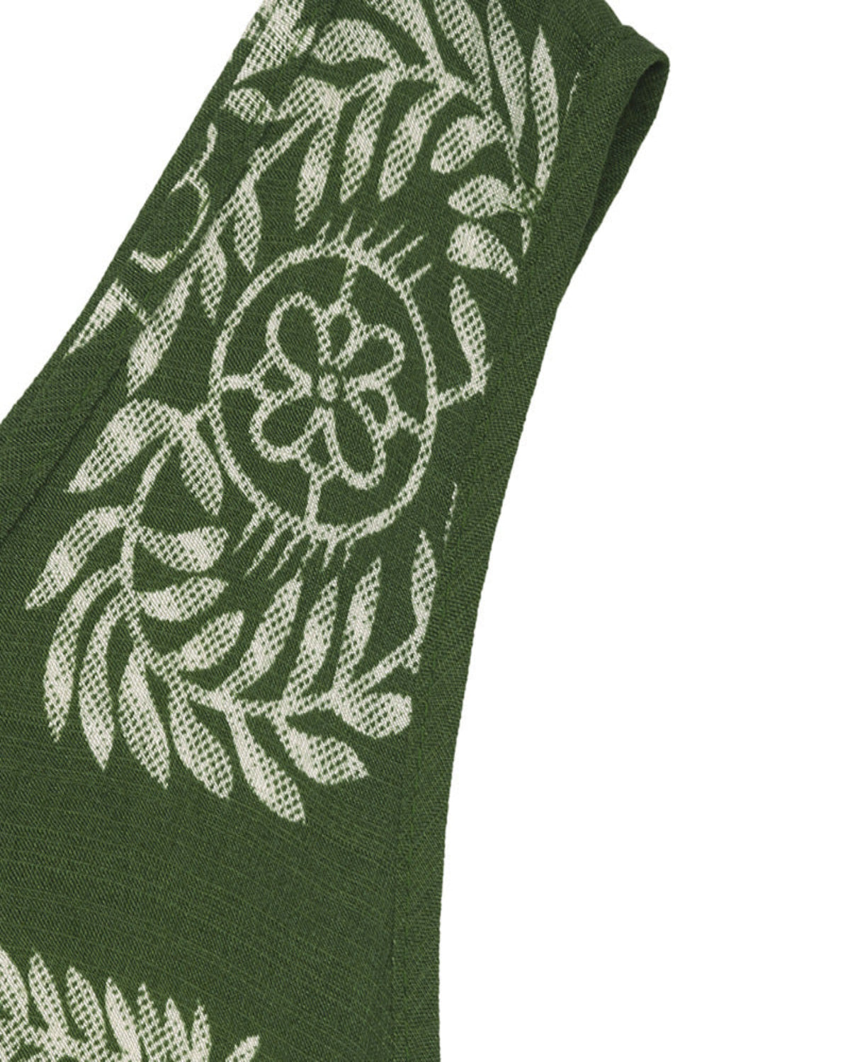 Green tie with white floral pattern on a white background