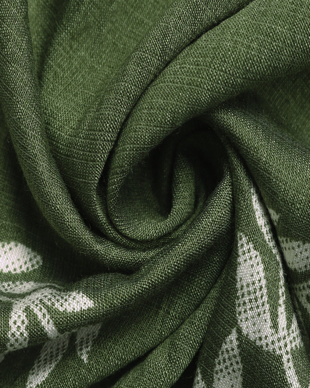 Close-up of green fabric with white patterns