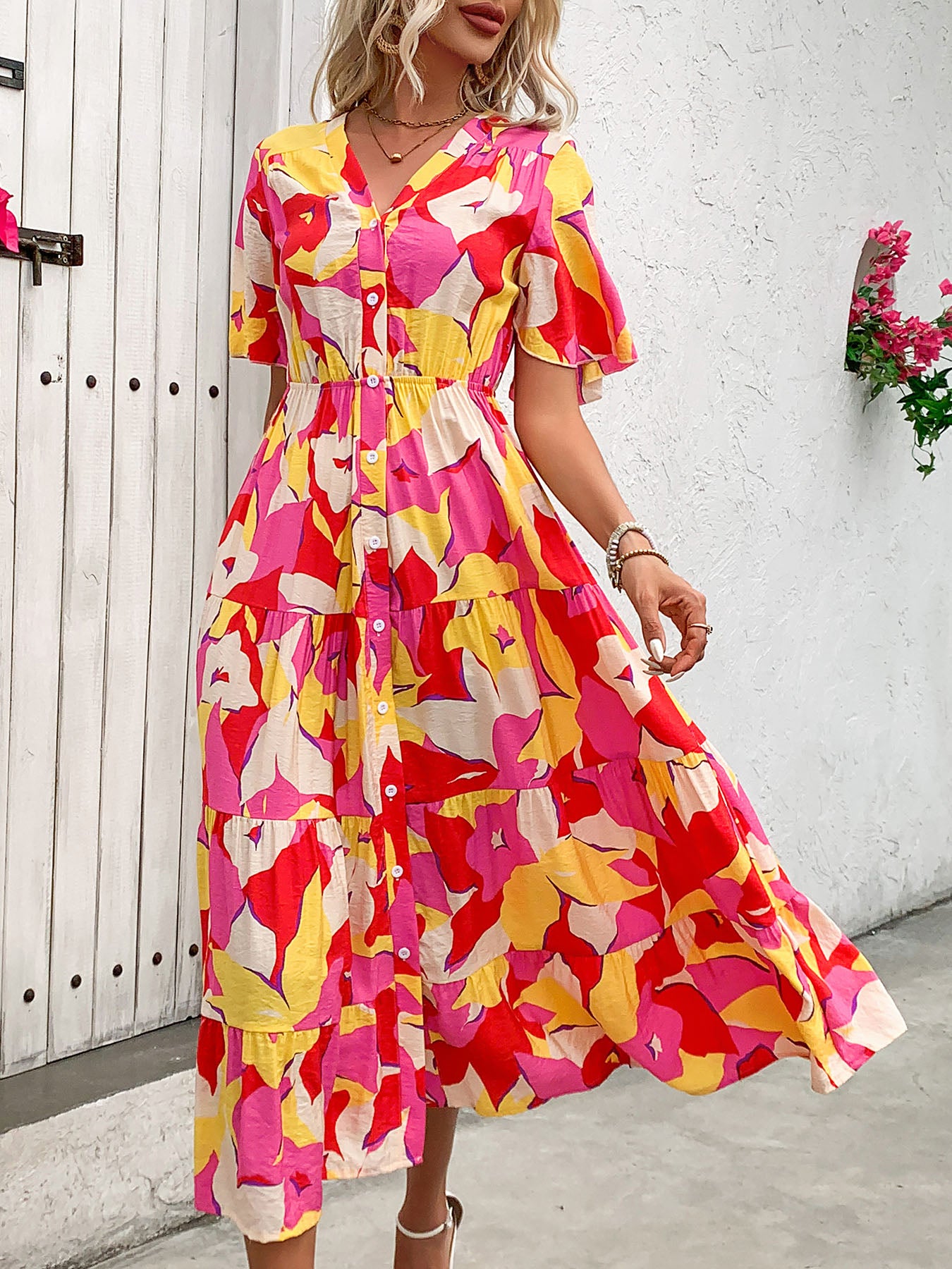 Pink Abstract Print Flutter Sleeve V-Neck Midi Dress