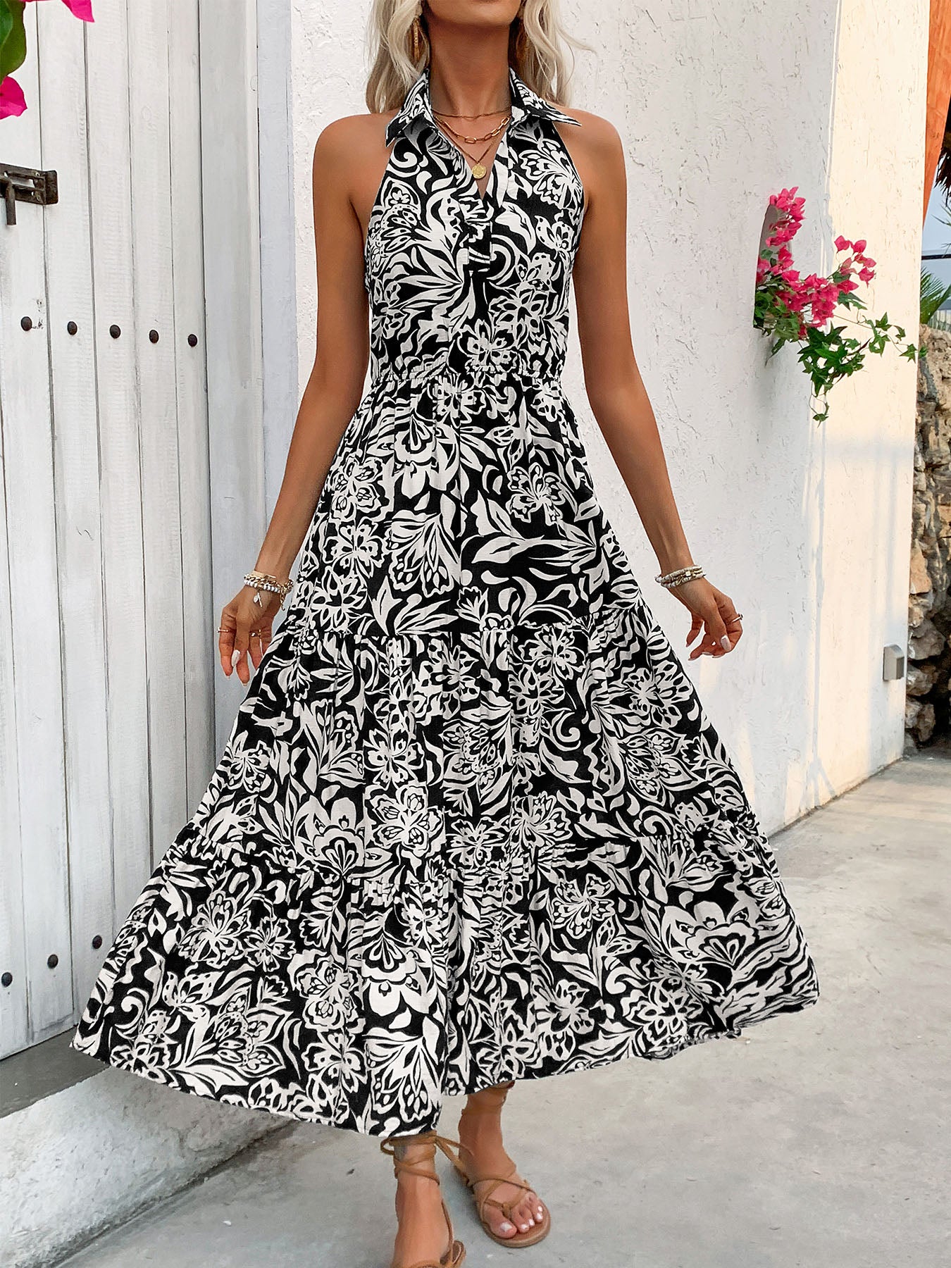 Black Floral Print Halterneck Collared Tiered Maxi Dress