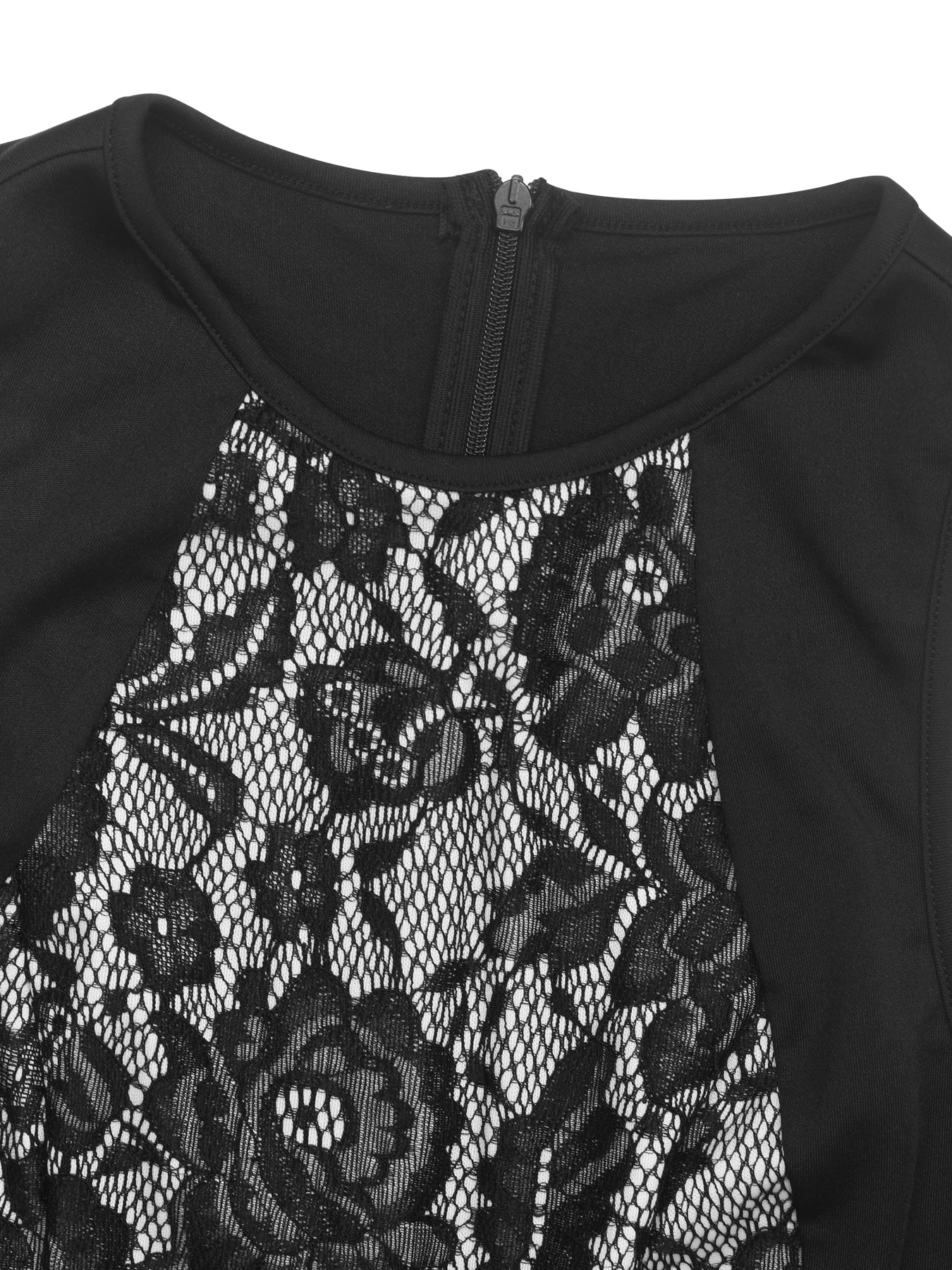 Black Floral Lace Round Neck Bodycon Midi Dress