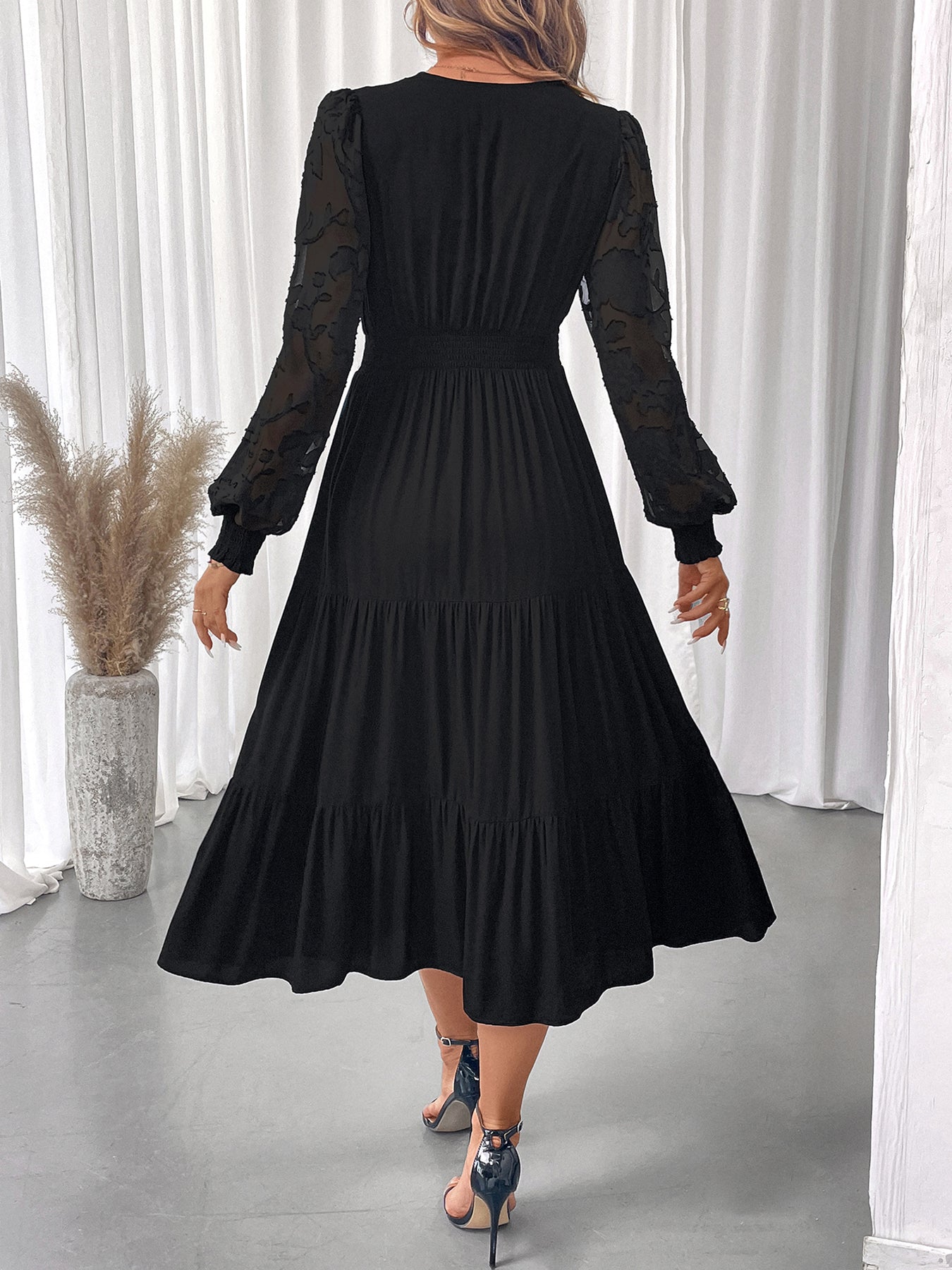 Black Lace Trim Long Sleeve V-Neck Tiered Midi Summer Dress