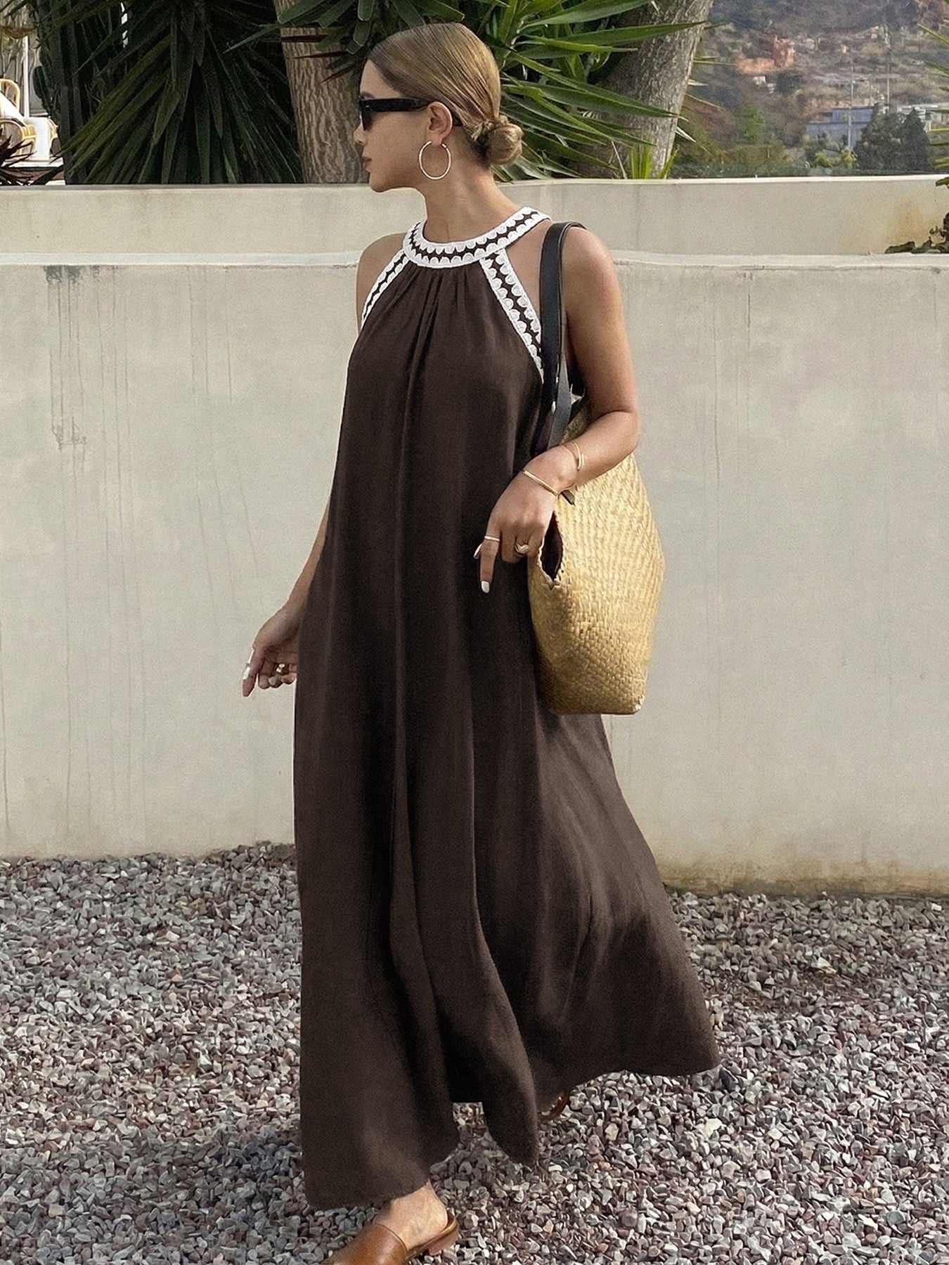 Brown Contrast Trim Halterneck Maxi Summer Dress
