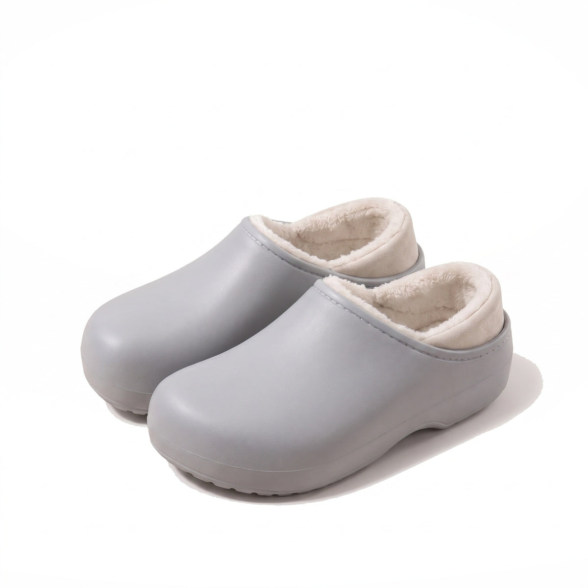 Light grey arch support clog slippers with closed heel and contoured footbed