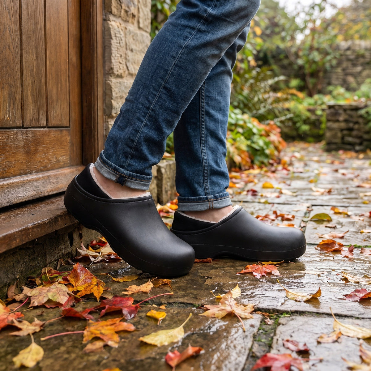 Man stepping onto a wet patio in black waterproof fleece lined clog slippers
