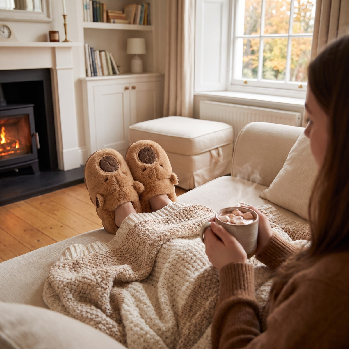 Woman with hot chocolate on a sofa wearing capybara slippers by the fire