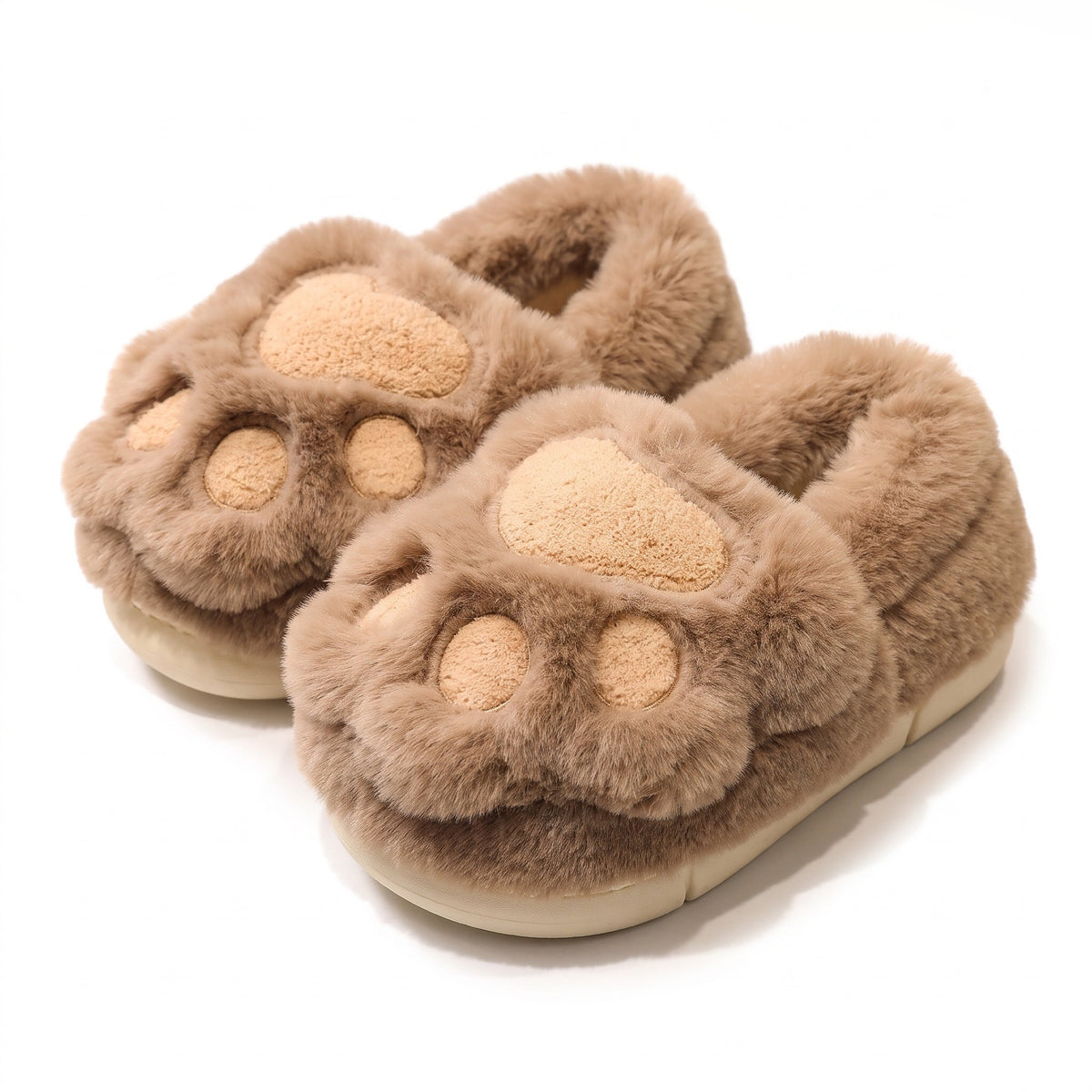 Khaki fluffy cat paw slippers with toe beans and flat sole