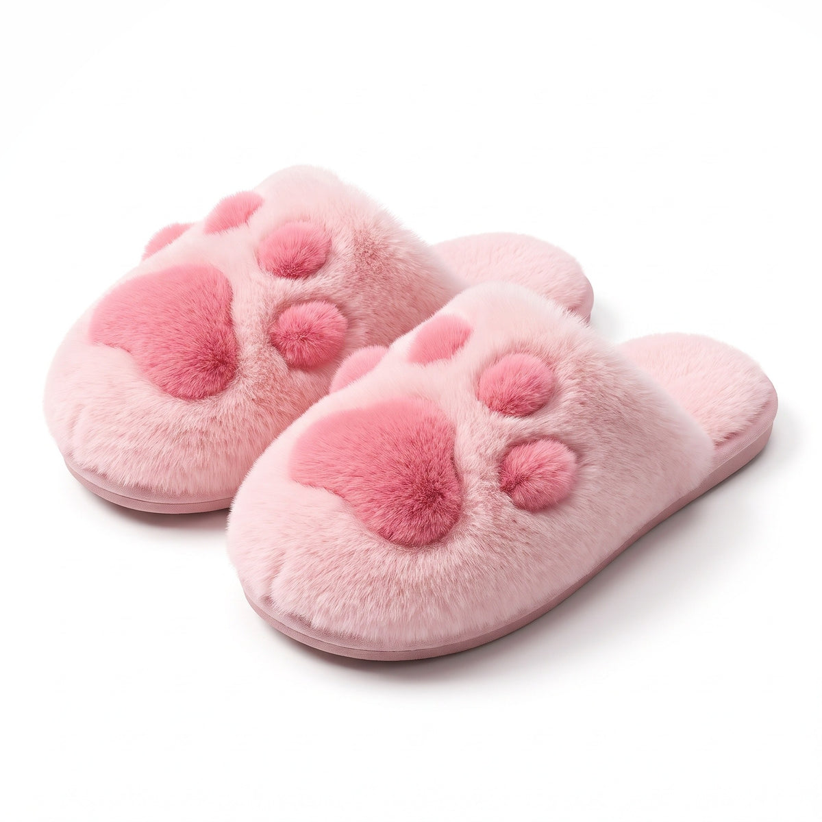 Pink fluffy cat paw slippers with toe beans and flat sole