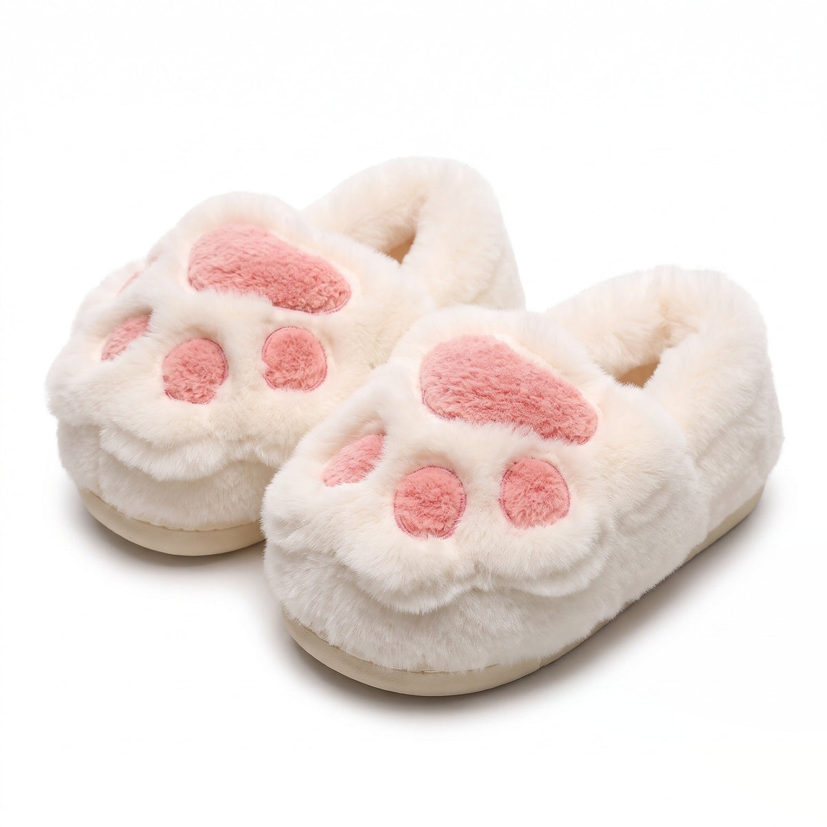 White fluffy cat paw slippers with toe beans and flat sole