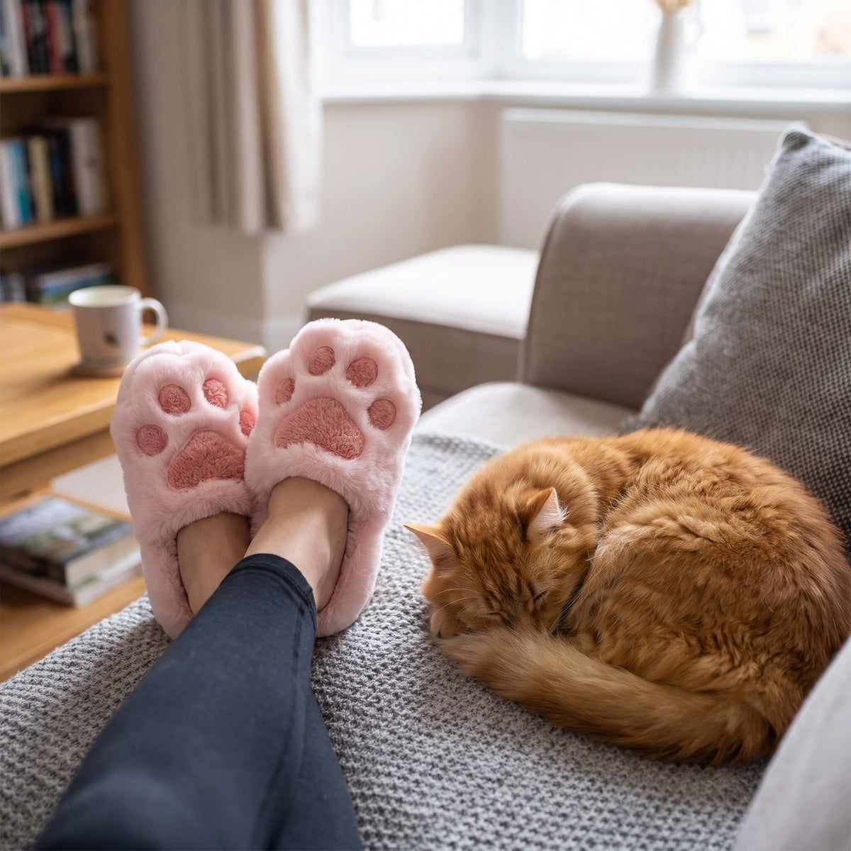 Woman wearing pink cat paw slippers on a sofa next to her cat