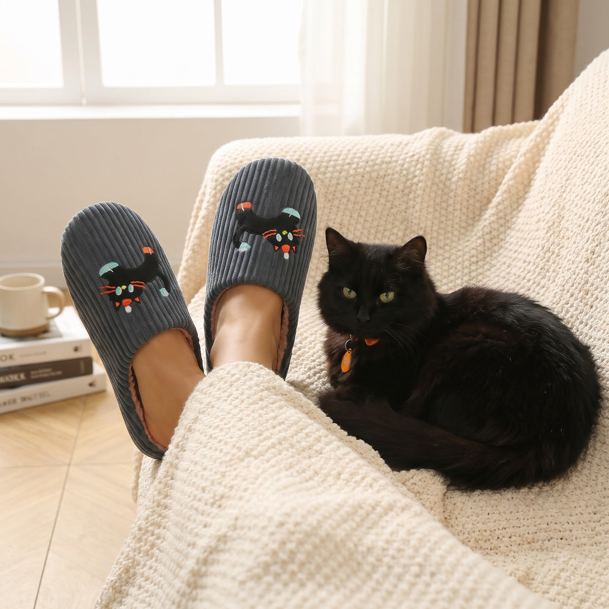 Feet in grey cat slippers under a blanket next to a sleeping black cat