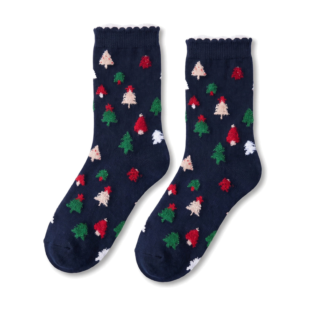 Flat lay of navy socks with little Christmas trees and a fluffy cuff