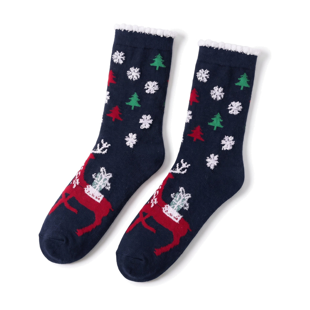 Flat lay of navy Christmas socks with a red reindeer carrying a present
