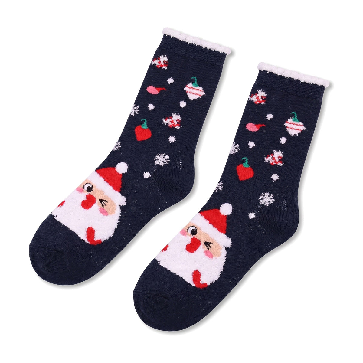 Flat lay of navy Christmas socks with Santa and baubles, white fluffy cuff