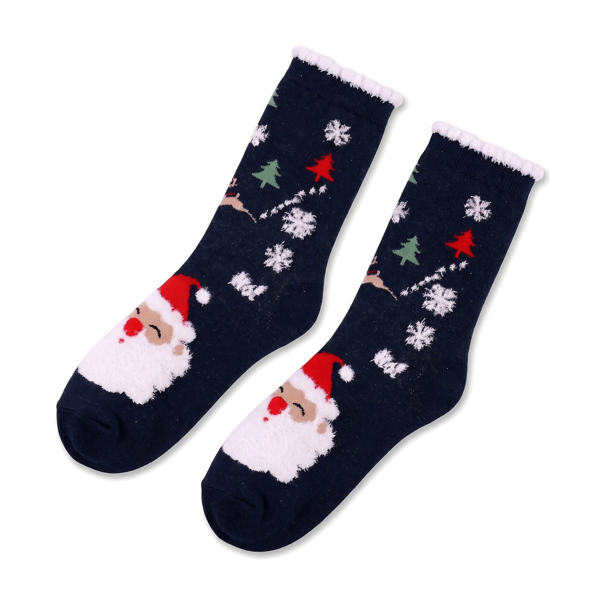 Flat lay of navy Christmas socks with a Santa face and tree, white fluffy cuff