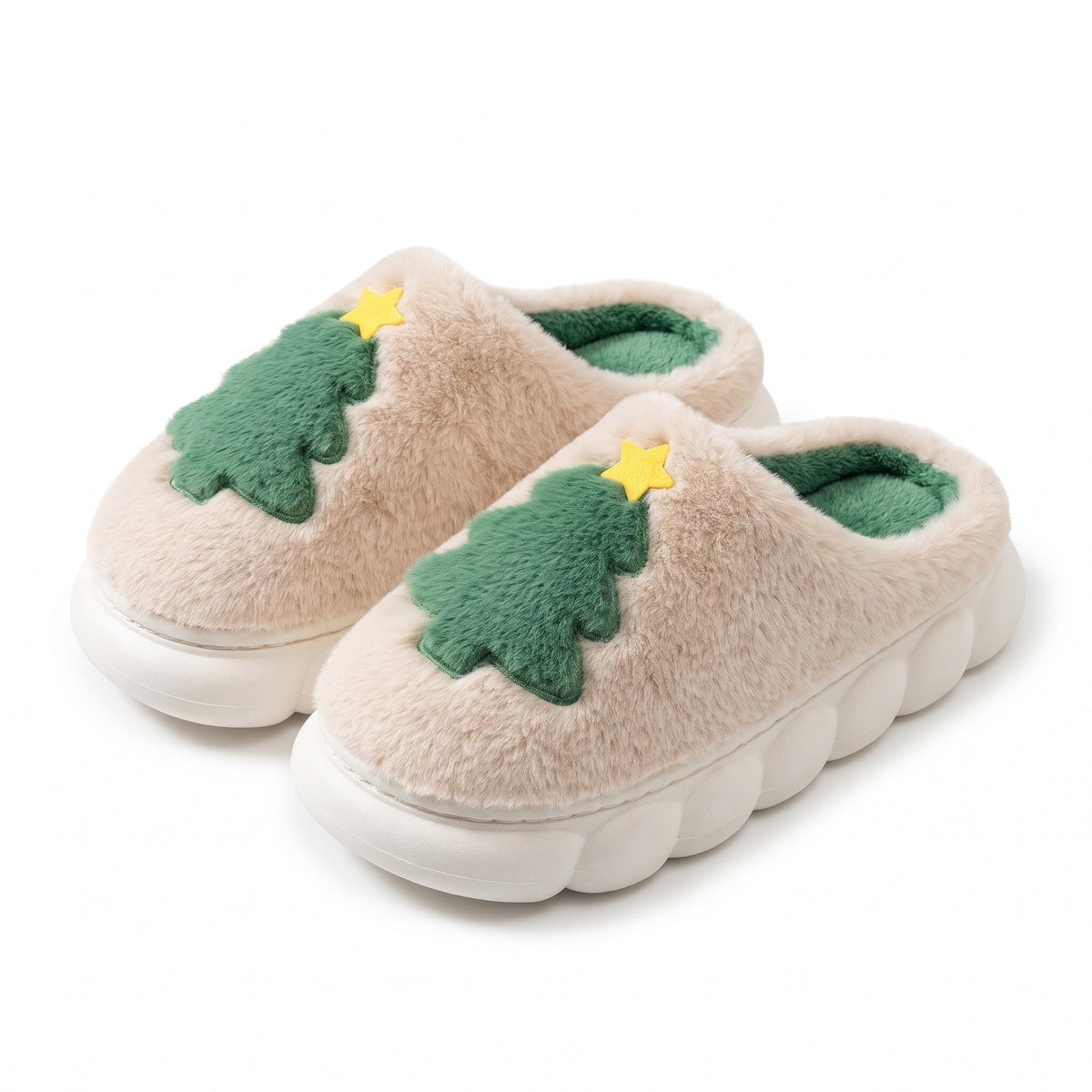 Beige fluffy Christmas tree slippers with chunky cushioned sole