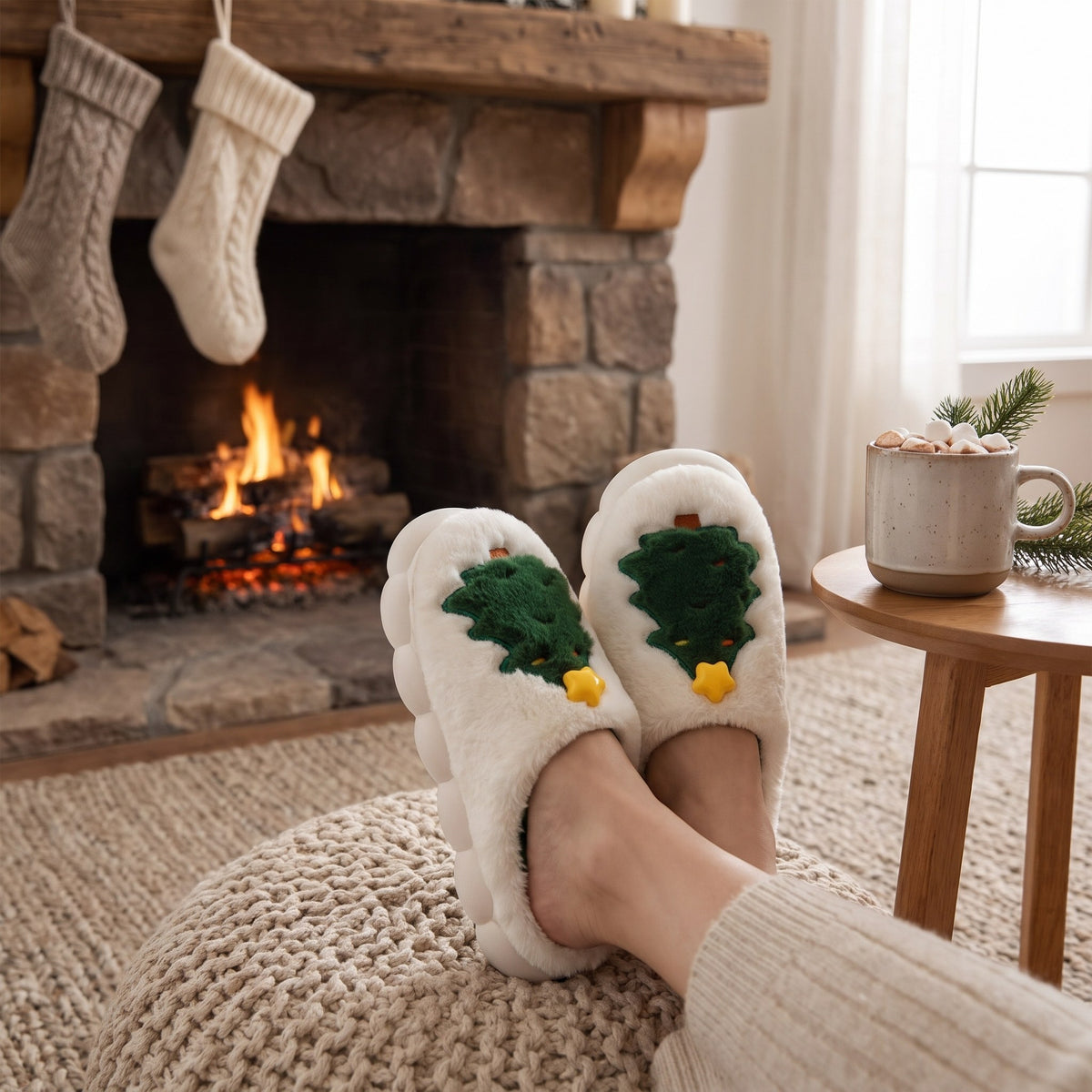 Cream Christmas tree slippers by a fireplace with stockings and hot chocolate