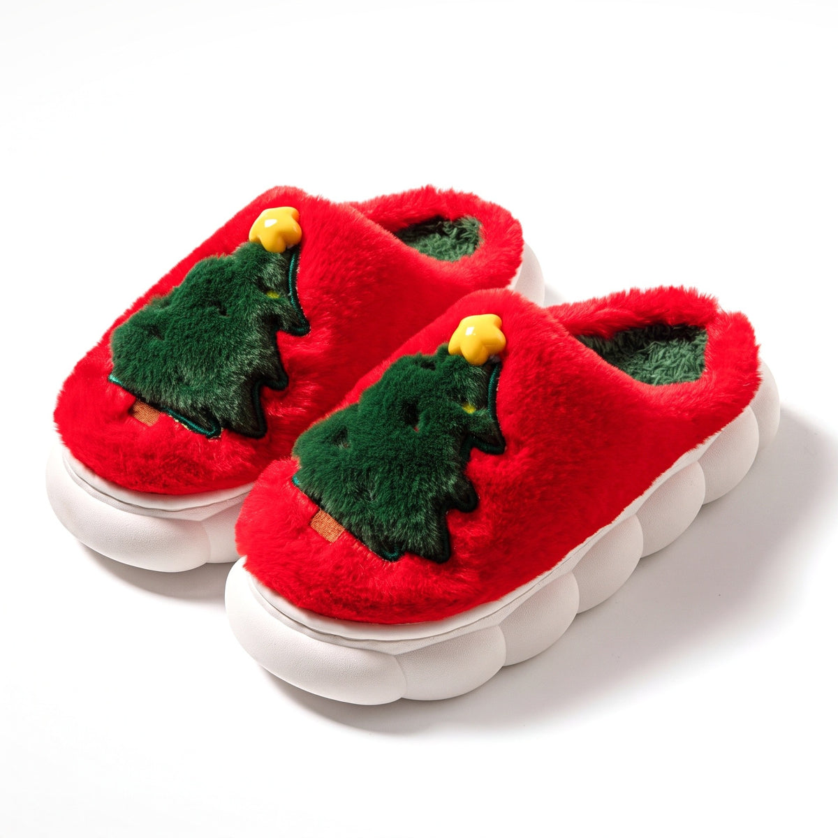 Red Christmas tree slippers with fluffy tree appliqué and cloud sole