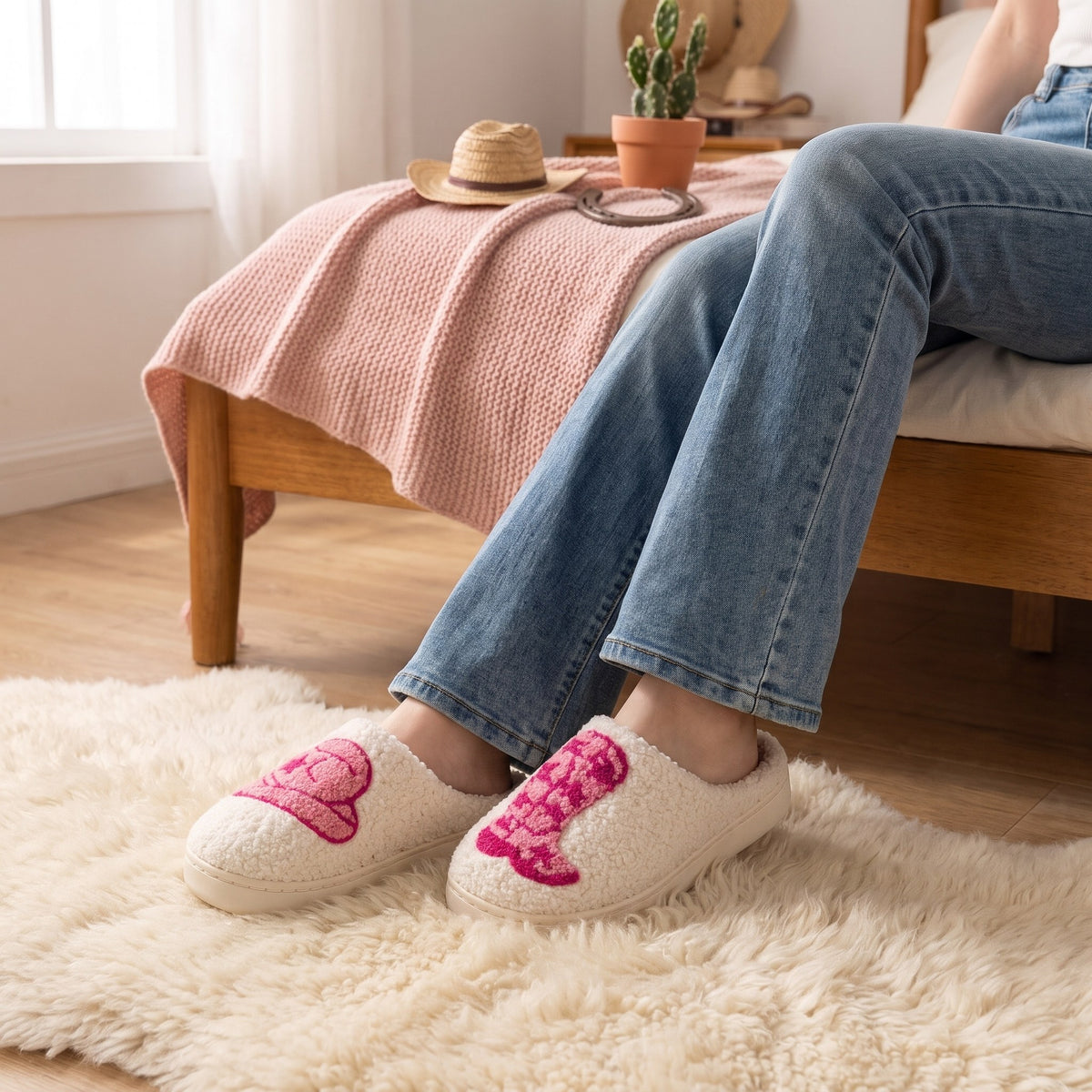 Woman in flared jeans wearing cowboy boot embroidered fluffy slippers