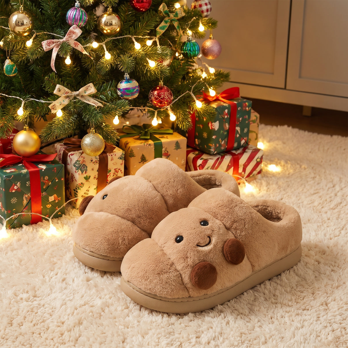 Croissant slippers as a gift under a Christmas tree