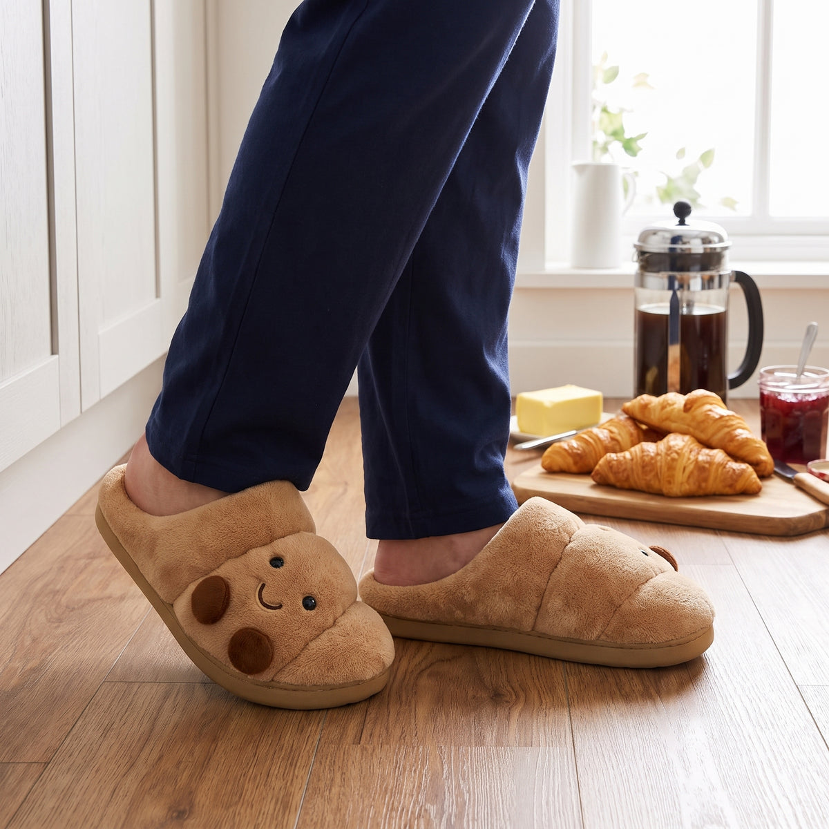 Man in the kitchen wearing fluffy croissant slippers at breakfast